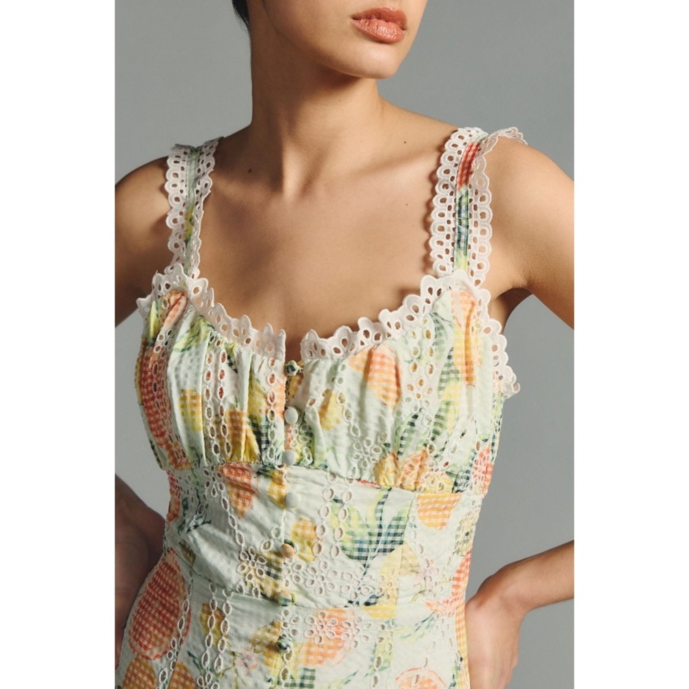By Anthropologie Fruit Eyelet Midi Dress Citrus Gingham Trim XS